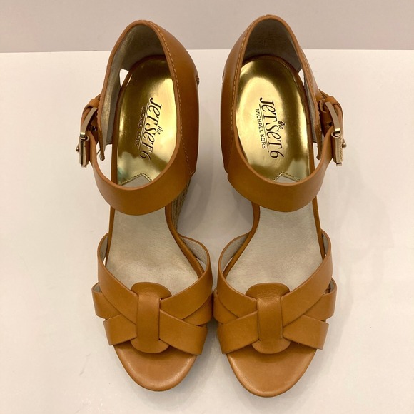 Michael Kors Somerly Wedge Espadrille Sandals Brown Leather Womens 7M Heels Shoe - Picture 10 of 11